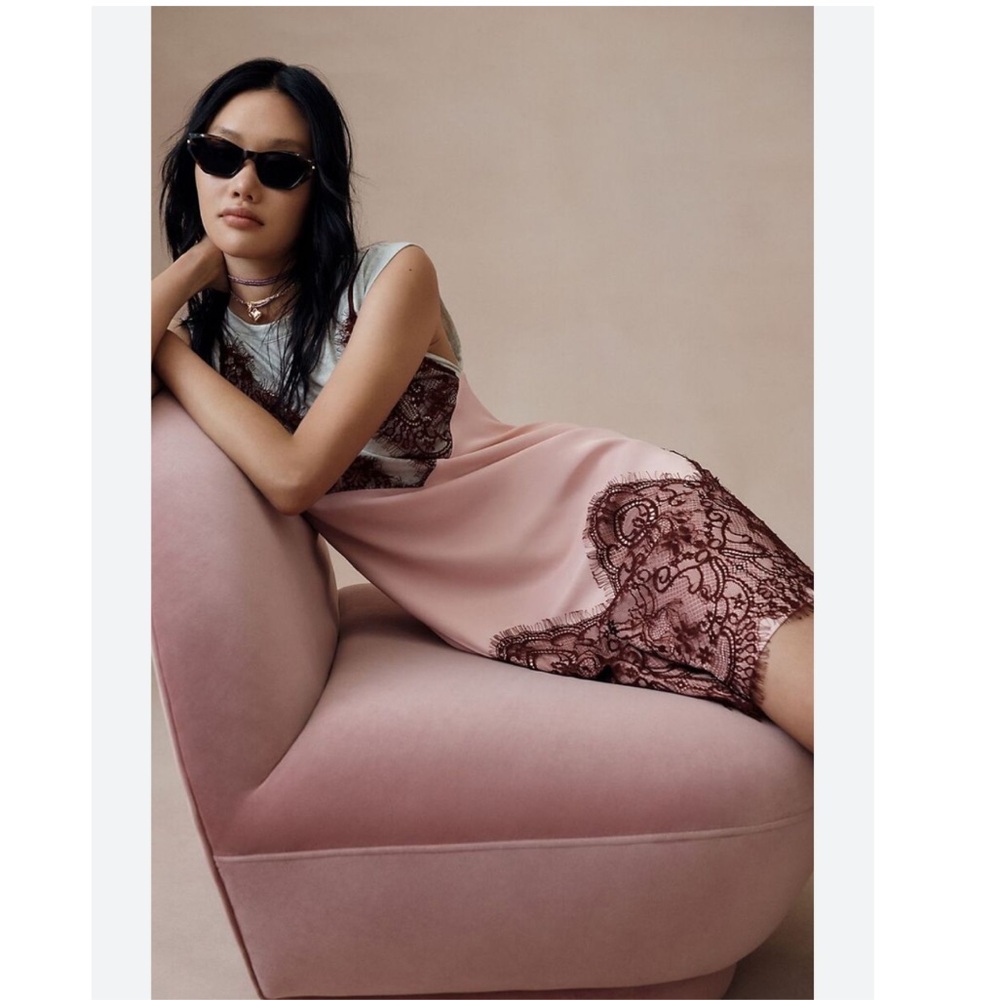 Anthropologie Pink and Grey Lace Midi Dress